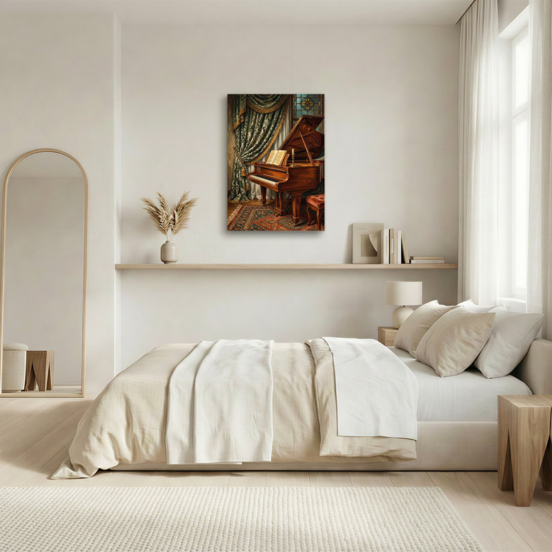 Art mural sur toile Grand Piano avec rideaux verts et vitrail, 24"H x 16"W