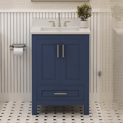 Meuble-lavabo en bois massif avec lavabo Orbison, 3 trous de robinet pré-percés, 2 portes à fermeture douce, 7 tiroirs à pleine extension