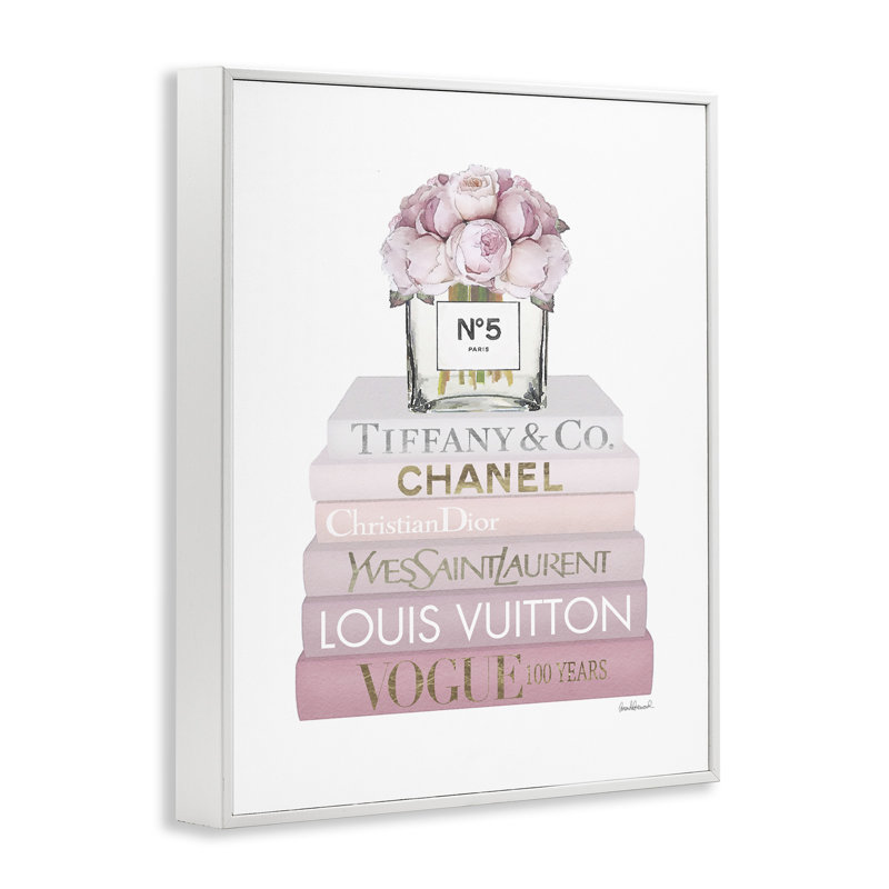 Pink Rose Bouquet Fashion Style Bookstack White Framed Giclee Texturized Art by Amanda Greenwood, 14" H x 11" W