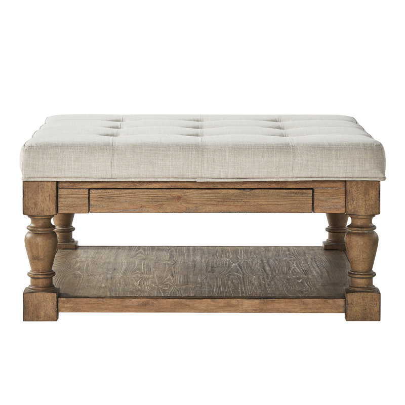 Arthuro Upholstered Ottoman, Heathered Beige Linen, Natural