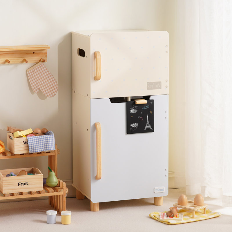  Aslee Wooden Toy Fridge for Kids, Realistic Play Fridge with Freezer, Blackboard, Egg & Ice Cream Accessories