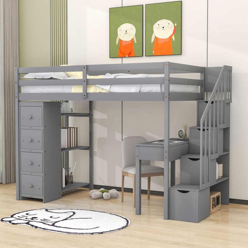 Graesen Kids Twin Loft Bed with Drawers, Gray