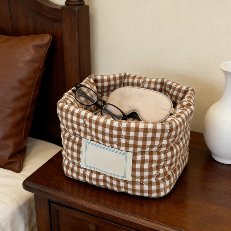 Panier de rangement en tissu à carreaux avec veilleuse pour la nuit et les articles divers, Brown