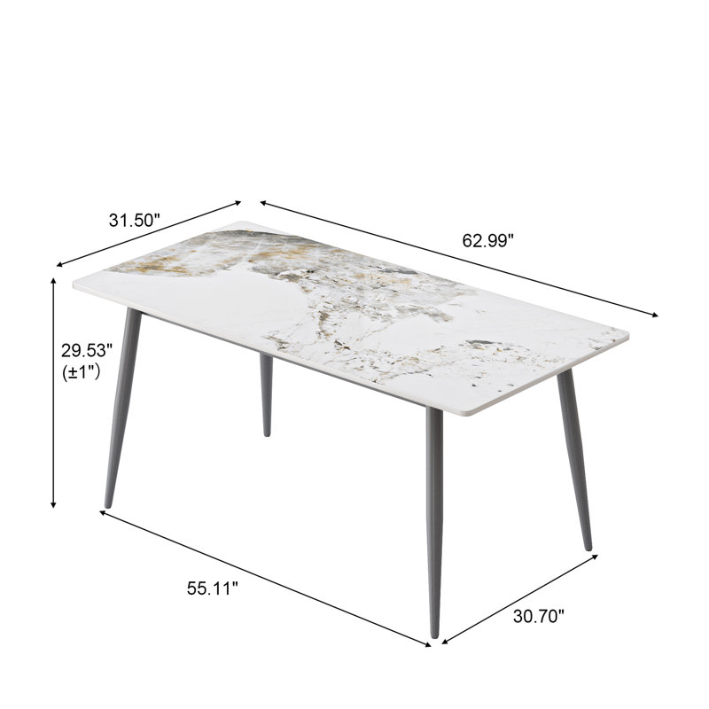 62.99" Modern Artificial Stone Straight Edge Dining Table with Round Metal Leg(Dining Table Only), Dark Grey, Pandora White
