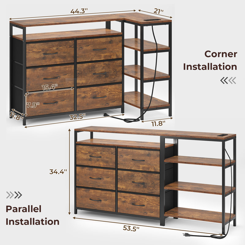 Meuble télé à DEL avec station de charge, commode convertible avec tablette ouverte et tiroirs de finition en polyuréthane, commode d'angle en L pour salon, chambre à coucher