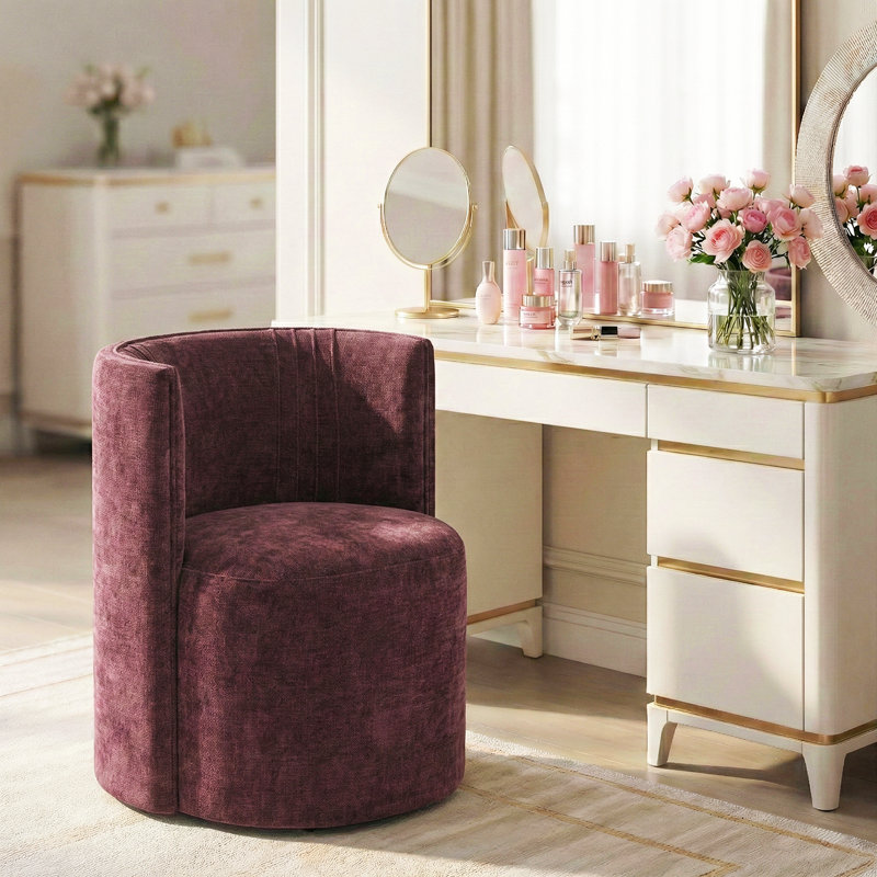Tabouret de coiffeuse rembourré à roulettes avec roulettes pour bureau de maquillage, Rouge vin