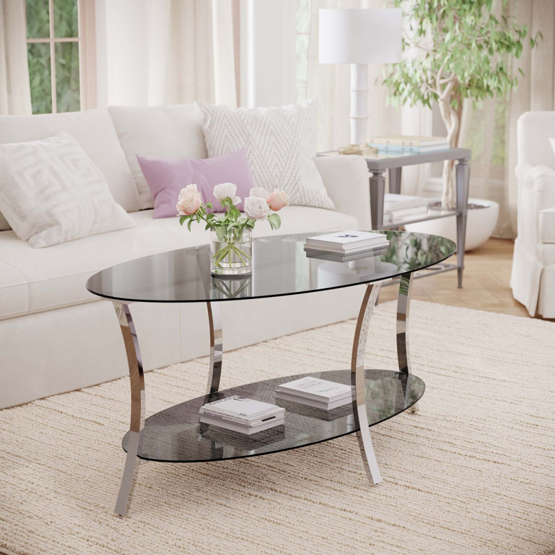 Table basse ovale moderne en verre avec double espace de rangement, Silver