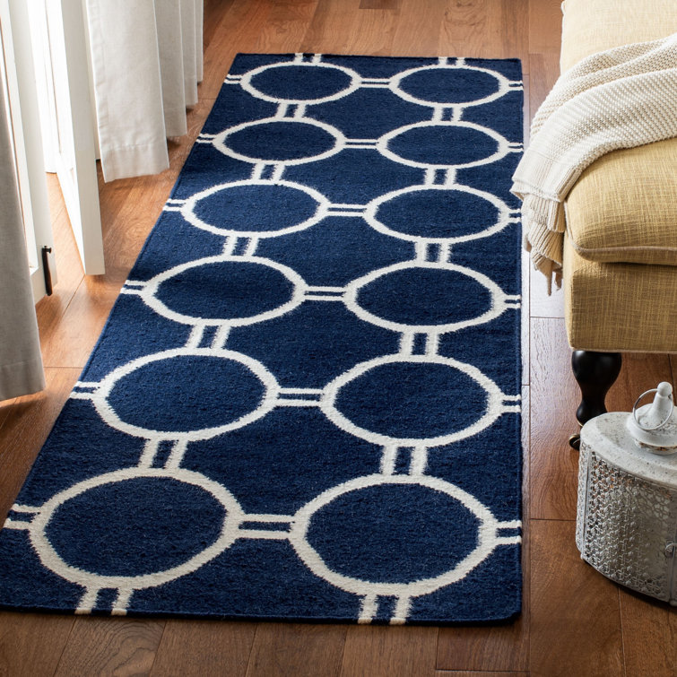 Rodgers Hand Woven Flat Weave Wool/Cotton Geometric Rug in Blue