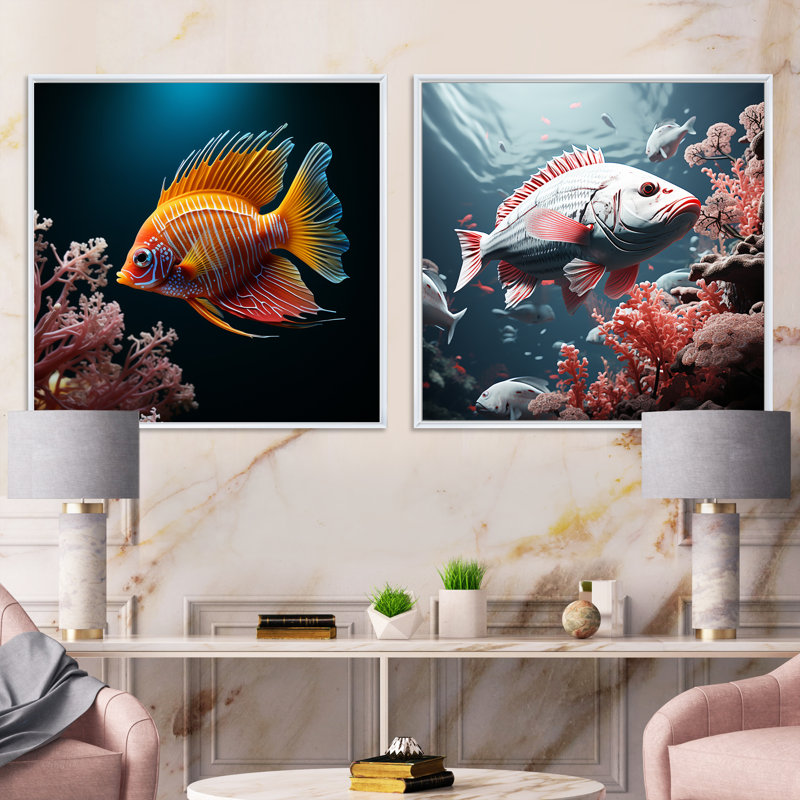 Beautiful Blue And Orange Butterflyfish VII - Animals Fish Square Collage Set Of 2, White Floater Framed, 36" H x 73" W