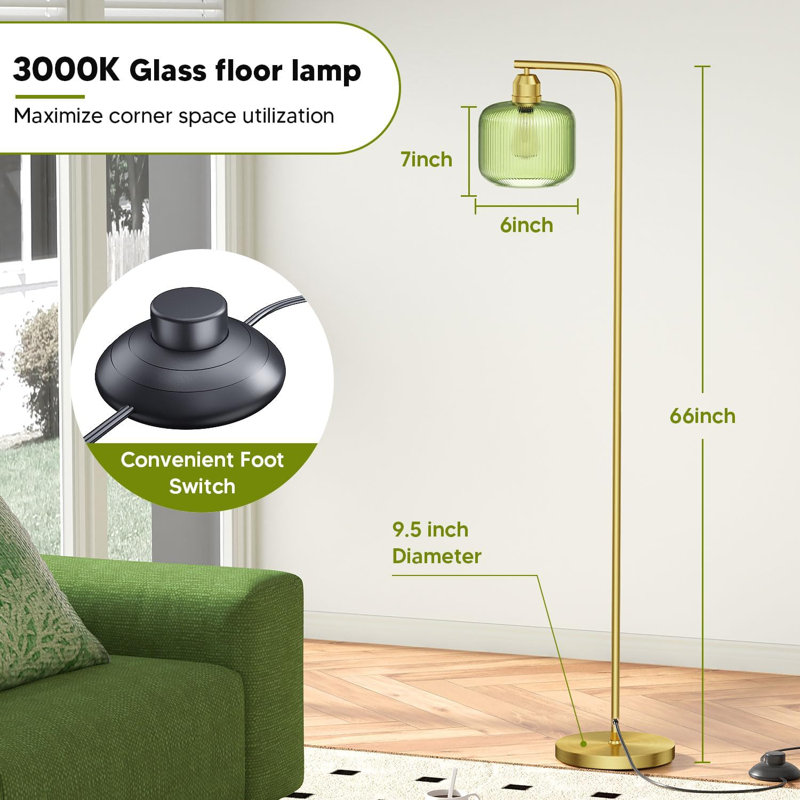 66" Brushed Gold Glass Floor Lamp - Green Ribbed Shade Pedal Switch 3000K LED Bulb Included