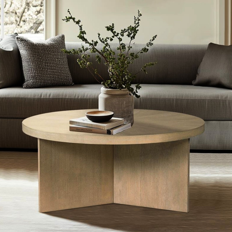Table basse ronde en placage massif recyclé de conception récupérée, 36 po de diamètre, 16,5 po de hauteur, placage, table avec surface nettoyable avec essuie-tout, 36 po de largeur, 16,5 po de hauteur, propre, assemblage requis