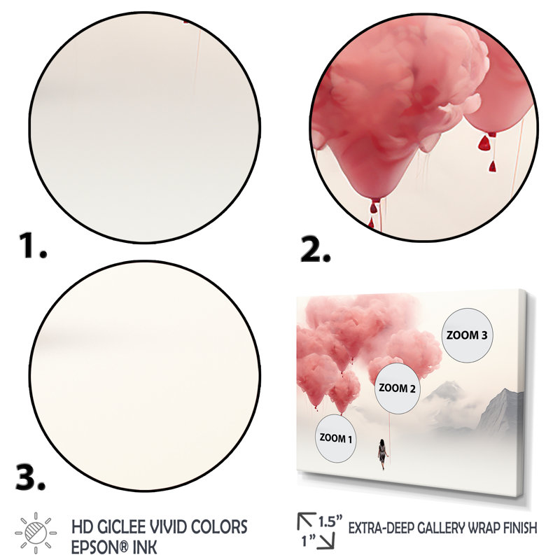 «Rose and White Air Balloon Solitude I», art mural abstrait, Cadre d'angle fermé noir, H 30 po x l 40 po x P 1,5 po