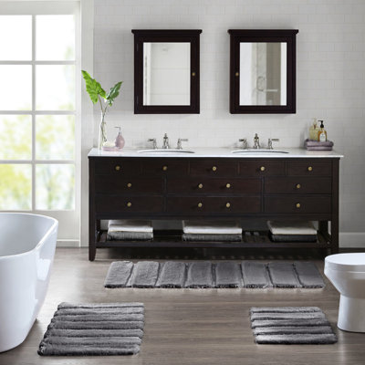 Tapis de bain gris 53 x 86 cm, 100 % coton macrofilé, rayures, effet délavé, envers antidérapant, facile à nettoyer, doux, envers antitaches, lavable à la machine