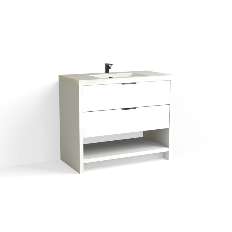Vue 42" W Freestanding Single Bathroom Vanity, Nimbus, Glossy White/8" Widespread, Matte Black