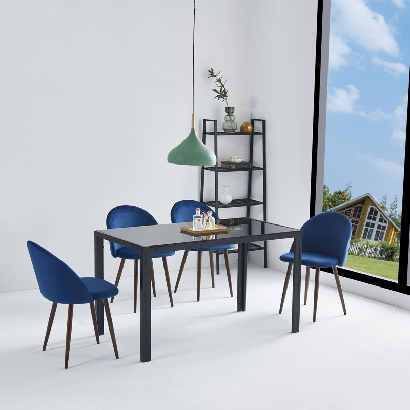 51" Rectangular Glass Dining Table Set For 4, Modern Tempered Glass Kitchen Table With 4 Velvet Upholstered Dining Chairs, Black Metal Frame Dining Room Furniture Set