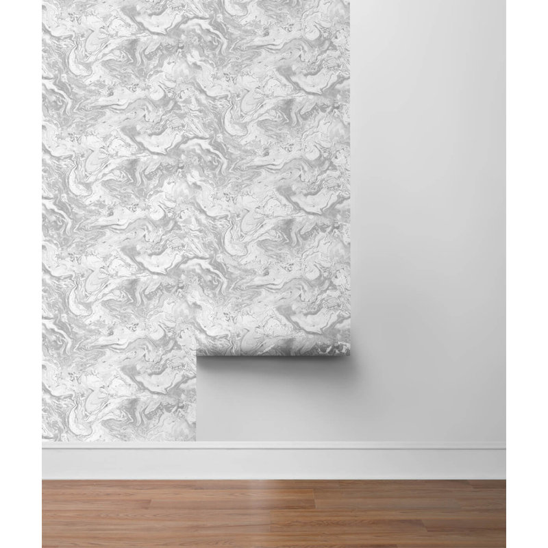 Luxe Haven Faux Marble 9' L x 27" W Smooth Peel and Stick Wallpaper Roll, Calcutta/Metallic Silver