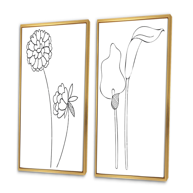 «Black and White Line Flowers I», ensemble de 2 impressions, H 32 po x l 32 po x P 1 po, Cadre doré