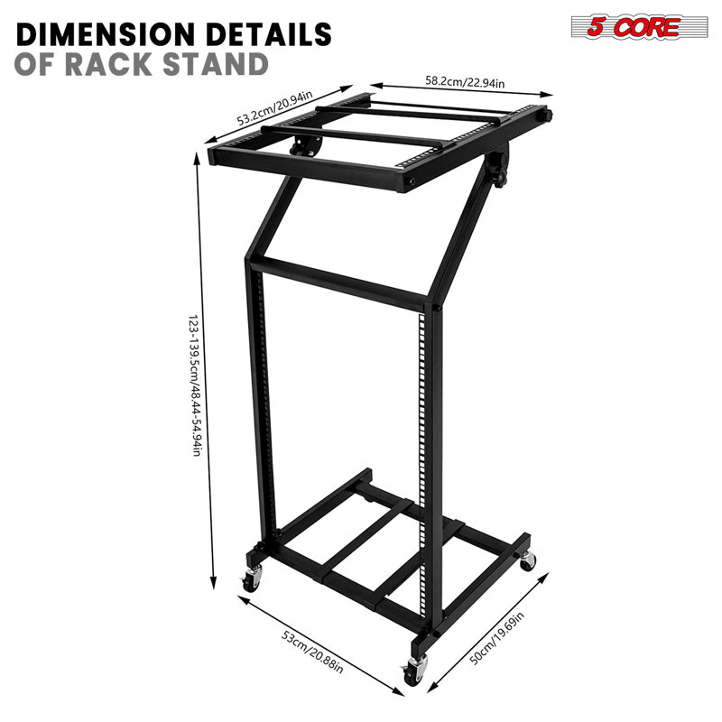 5 Core 16U Professional Audio Rack Mount DJ Mixer Stand Studio Adjustable Table Cart with Wheels
