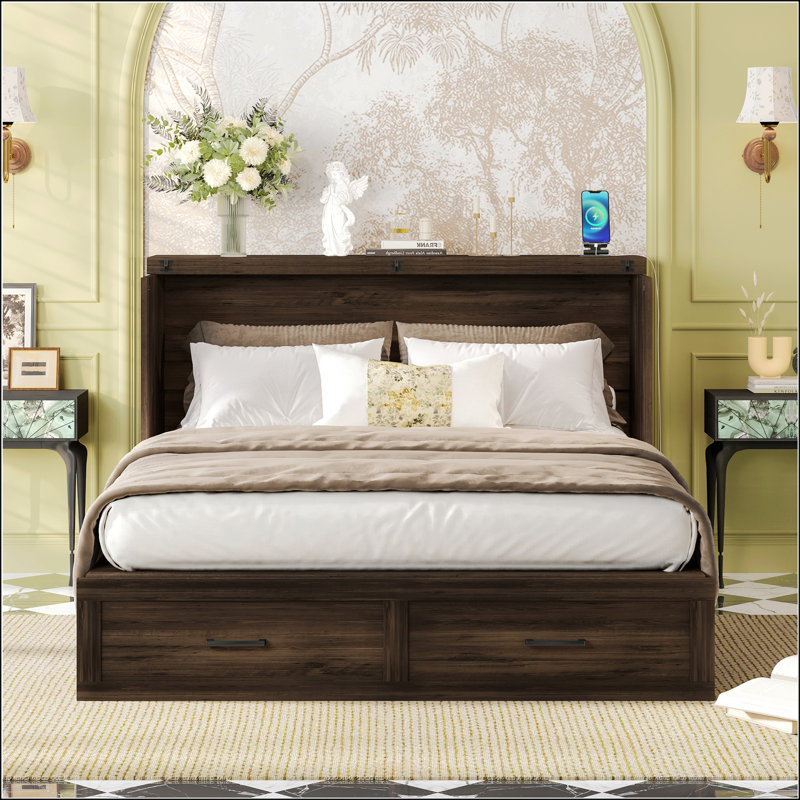 Grand lit escamotable style ferme avec station de charge, plateforme pliable et grand tiroir de rangement pour les chambres d'amis