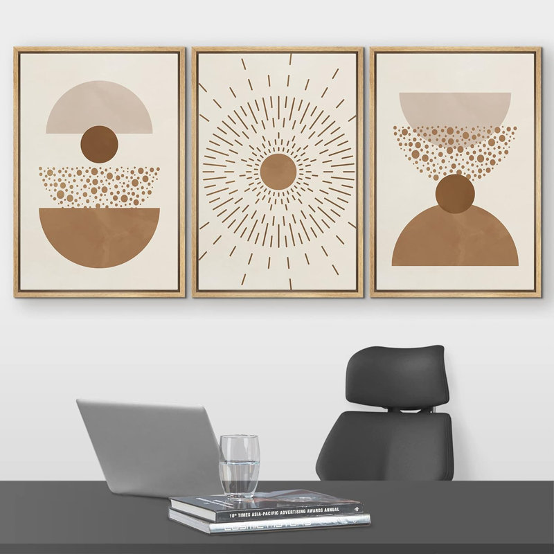 Linear Geometry " Boho Mid-Century Geometric Palm Leaf Desert Abstract Illustrations Modern Art Landscape Colourful " 3 - Pieces