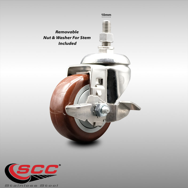 316SS Polyurethane Swivel Threaded Stem Caster with Brake, Maroon
