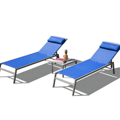 Fauteuil inclinable extérieur pour l'extérieur - 2 chaises + 1 table, tissu bleu 3 chaises réglables, structure en aluminium