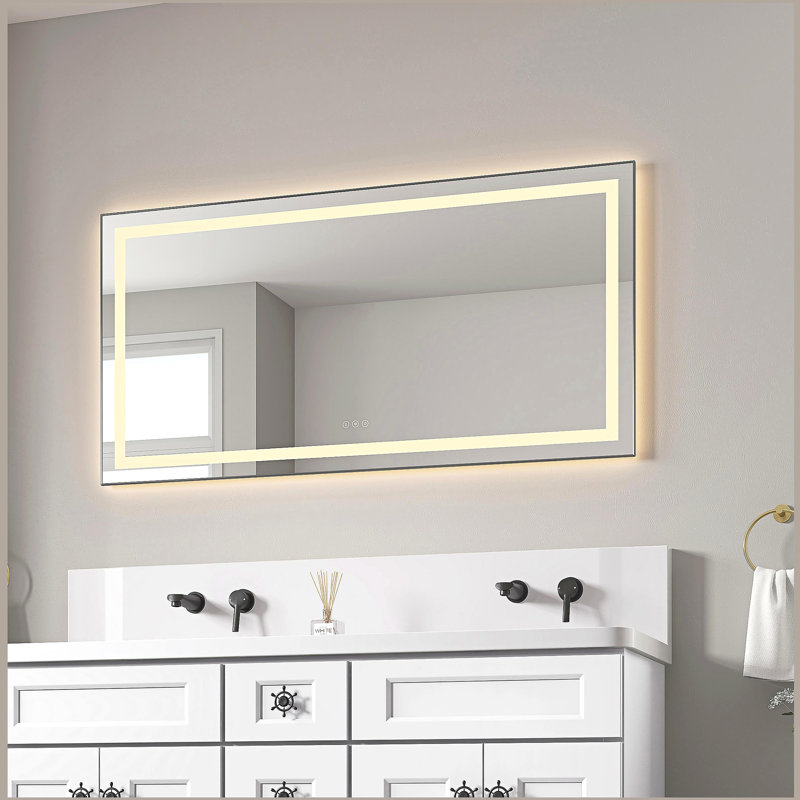 Miroir de salle de bain 55 po x 28 po à DEL avec façade et rétroéclairage, miroir de meuble-lavabo mural avec cadre en aluminium, antibuée, mémoire, 3 couleurs, gradation continue