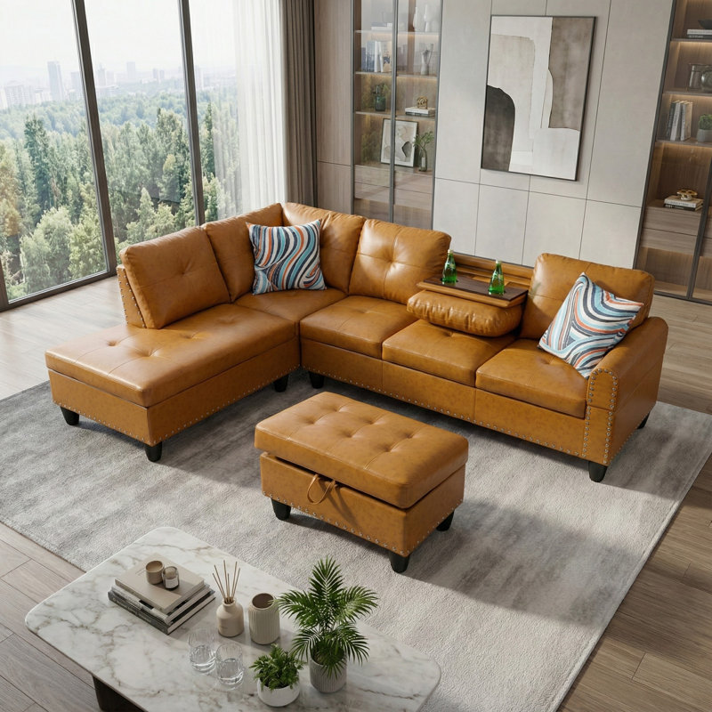 Canapé modulaire en similicuir avec rangement Ginger, Orienté à gauche (vu de face), Similicuir jaune