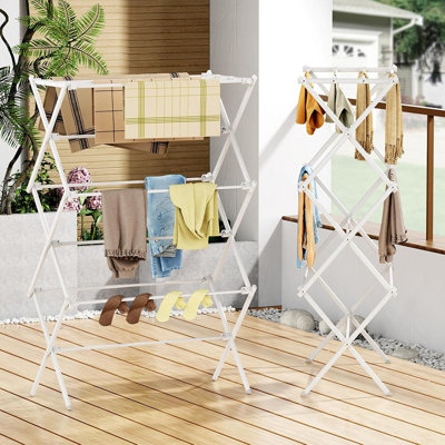 Séchoir à vêtements à 3 niveaux, finition blanche, support à linge antirouille pliable, séchoir à linge pliable pour une utilisation intérieure et extérieure, style fonctionnel moderne