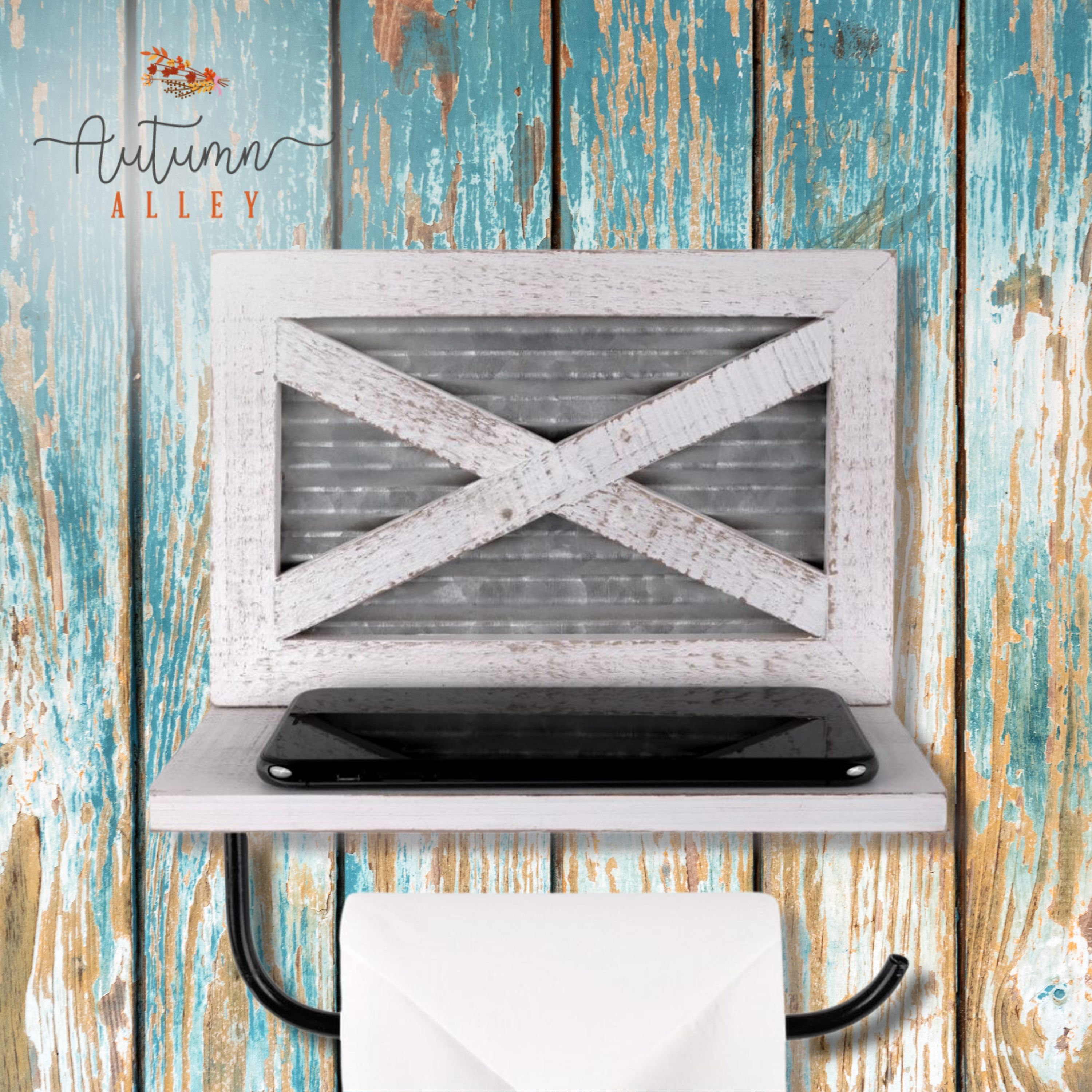 autumn alley farmhouse toilet paper holder with shelf - rustic