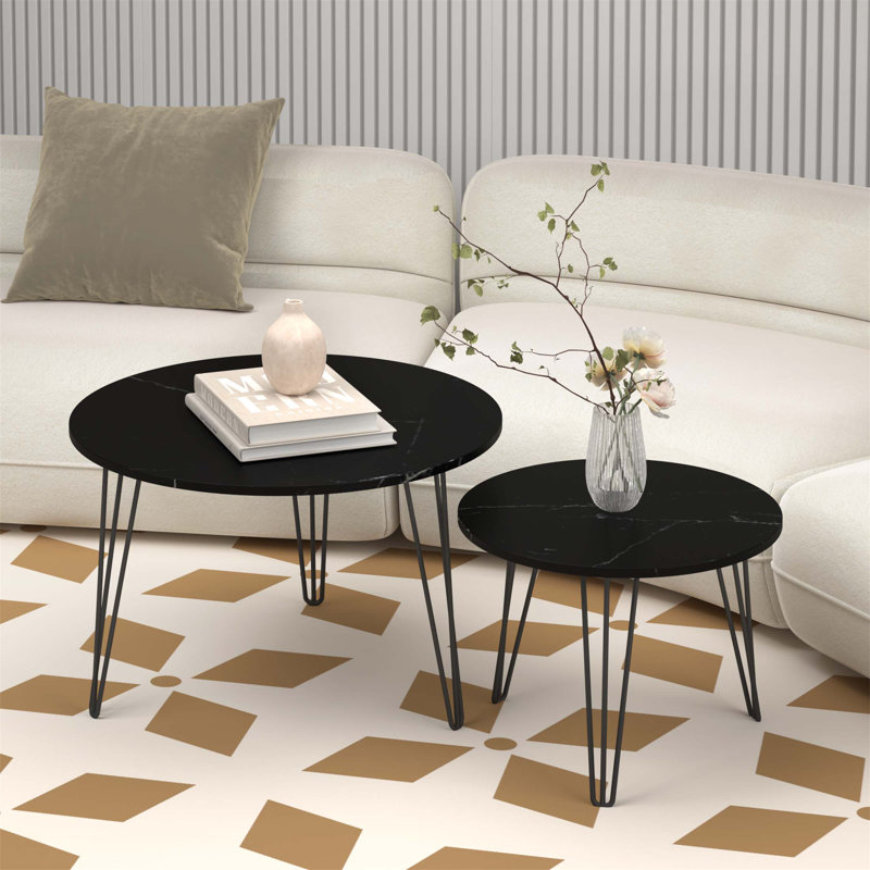 27.56" Round Nesting Coffee Table Set of 2, Marble Top & Sturdy Metal Base for Living Room Bedroom, Black