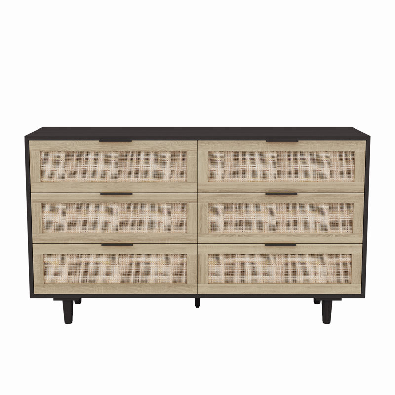 Aimara 51" Rattan 6 Drawer Dresser for Bedroom, Boho Wood Dresser with Gold Handles & Wood Legs