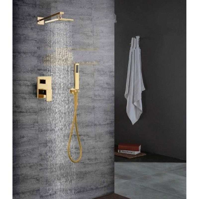 Système de douche mural à finition dorée Juno - Pomme de douche en laiton avec mélangeur et ensemble portatif