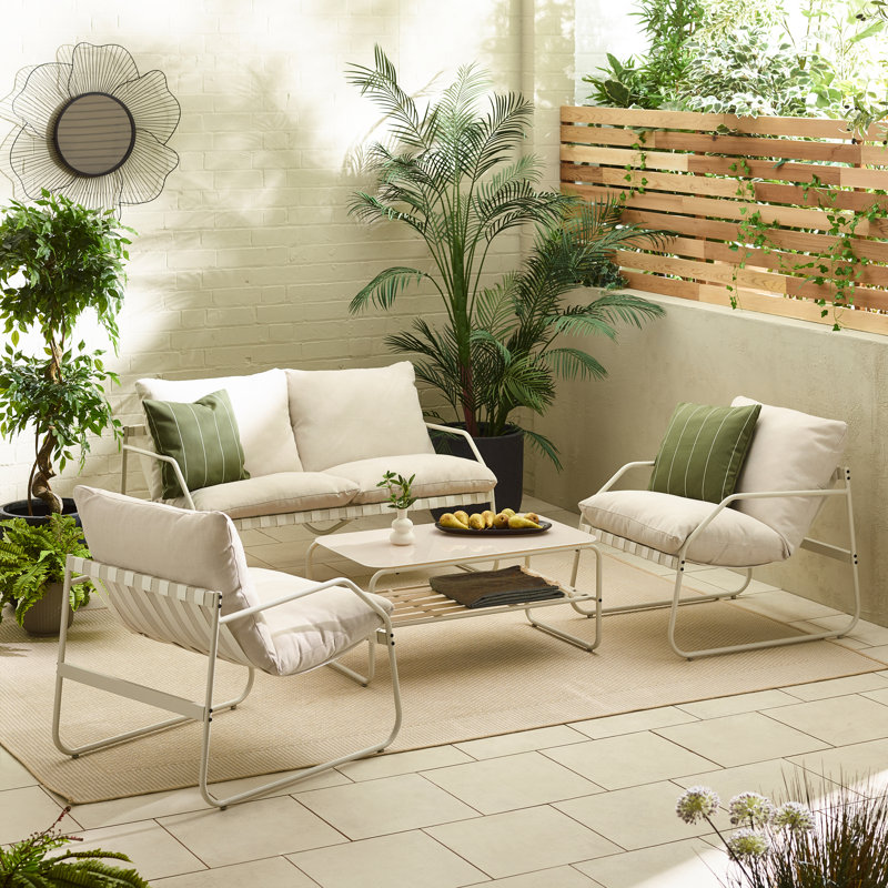 Spyros 4 Seater Metal Garden Lounge Sofa Seating Set With Table - Retro Vintage Stylish Patio, Cream