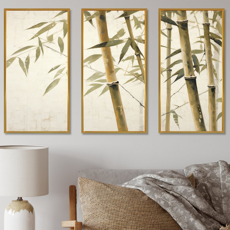 Beige minimalisme bambou sérénité II - ensemble d'art sur toile en bambou, Cadre flottant doré, H 40 po x l 60 po x P 1 po