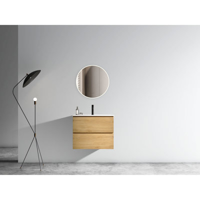 Meuble-lavabo moderne en chêne naturel - Vasque en céramique, grande capacité de rangement, tiroirs silencieux, unité spacieuse de 61 cm (24 po), tiroir