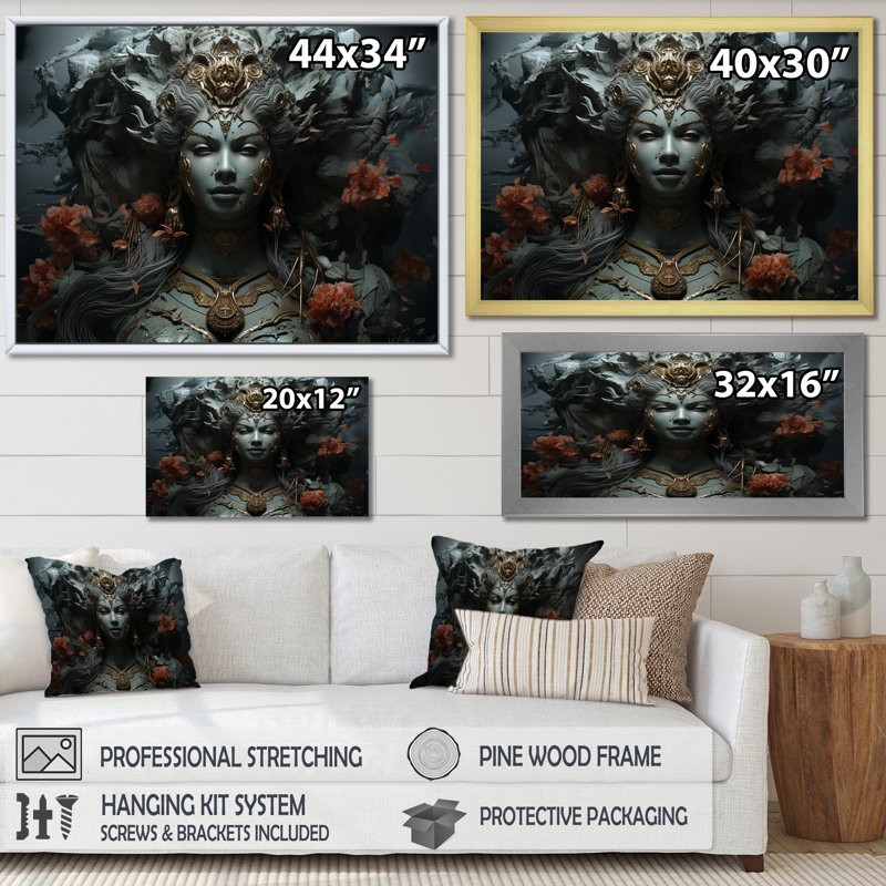 Hindou, indras, dieu II, H 34 po x l 44 po x P 1,5 po, Cadre flottant noir