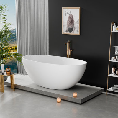 61-Inch Matte White Solid Surface Freestanding Bathtub | Small Soaking Tub With Center Drain | Modern Oval Design
