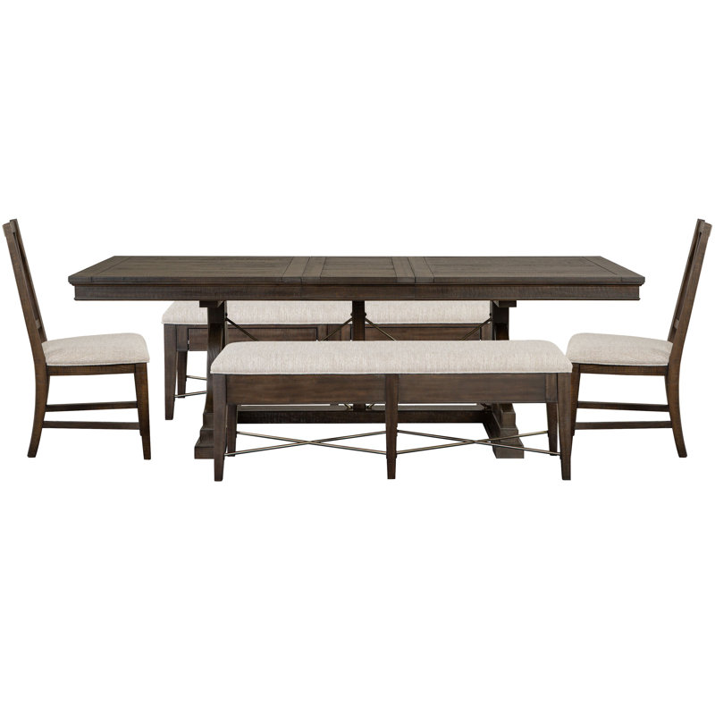 Extendable Trestle Dining Table With 2 Upholstered Benches And 2 Side Chairs, 5 Pieces: Table, 2 Benches, 2 Chairs