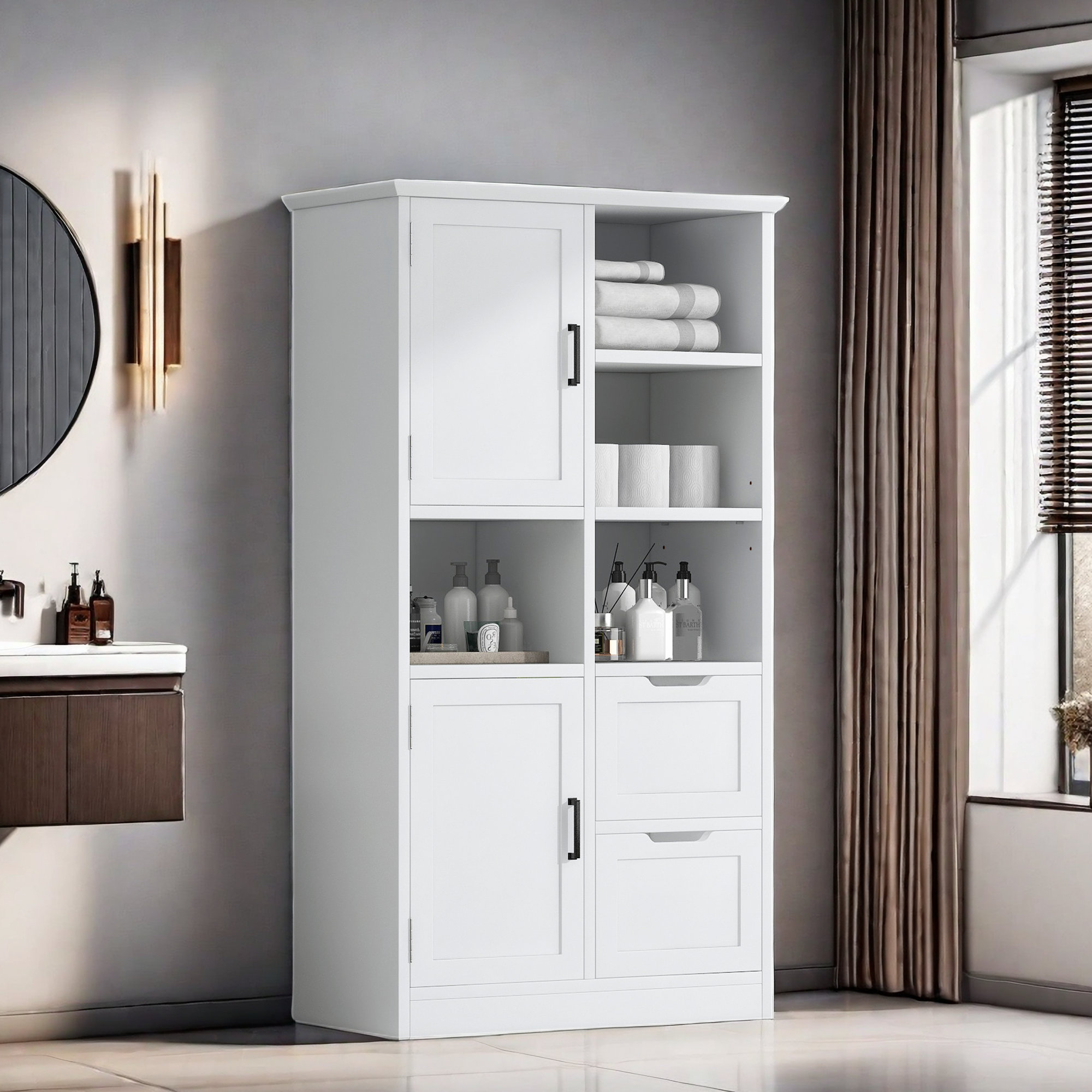 Latitude Run® Bathroom Storage Cabinet With 2 Drawers, Three-layer Open ...