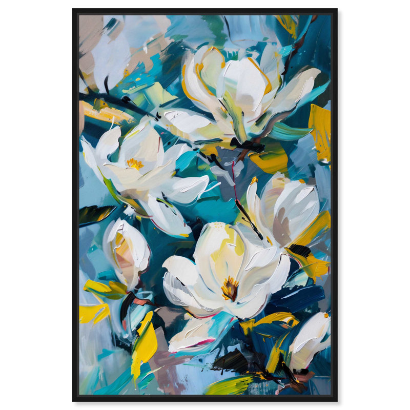 «Flowers In Serenity», art mural abstrait floral bleu par Art Remedy, H 30 cm x l 46 cm, Cadre noir