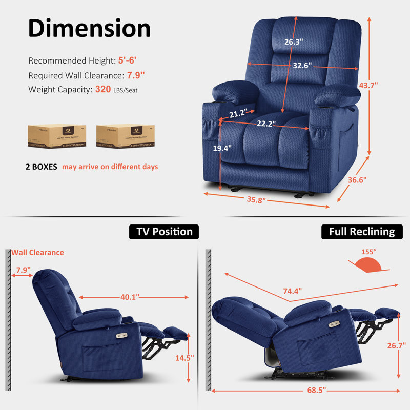 Color Electric Power Recliner Chair with Heat and Massage, USB Ports, Cup Holders, Navy Blue Polyester Blend