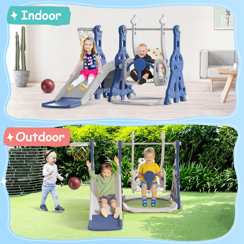 Blue and Gray 4-in-1 Toddler Slide and Swing Set