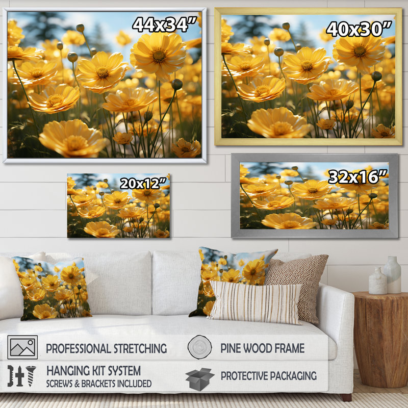 Yellow Buttercups Field Vibrant I - Floral Wall Art Prints, H 12 po x l 20 po x P 1 po, Or