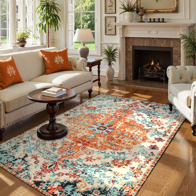 Boho Washable Area Rugs Floral Soft Non-Slip Printed Low Pile Throw Indoor Floor Carpet, Rectangle 5' x 7'