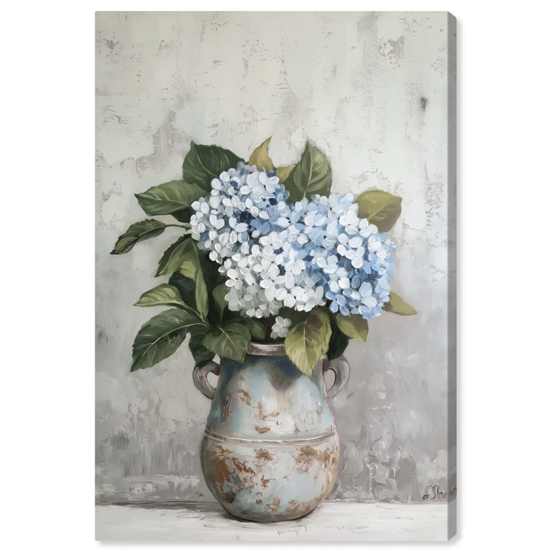 Large Blue and White Floral Canvas Art with Pine Frame