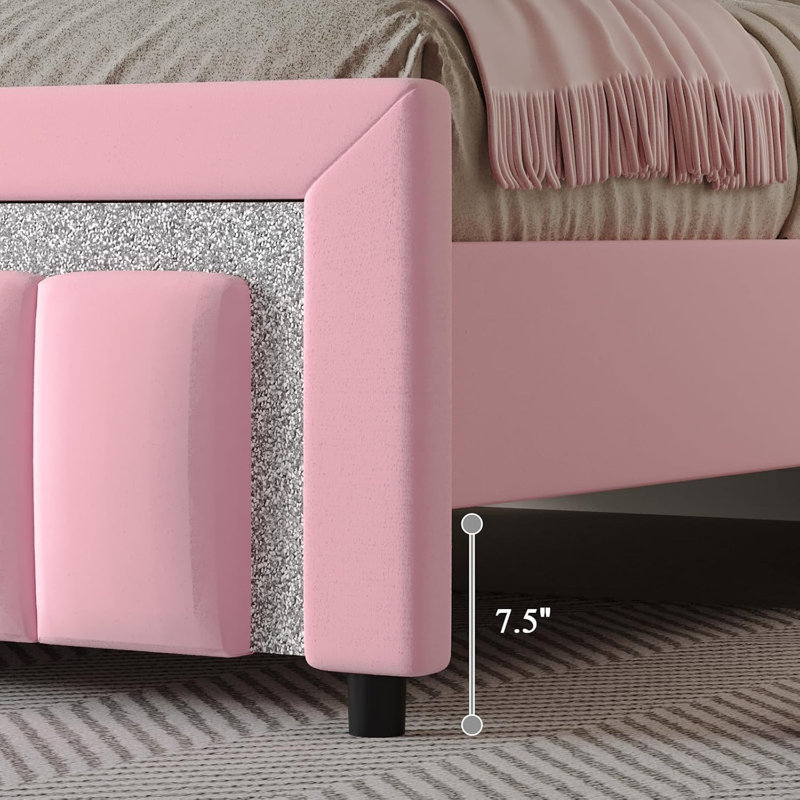 Velvet Upholstered Platform Bed Frame with Vertical stripes Headboard and Footboard and Footboard, Queen, Pink