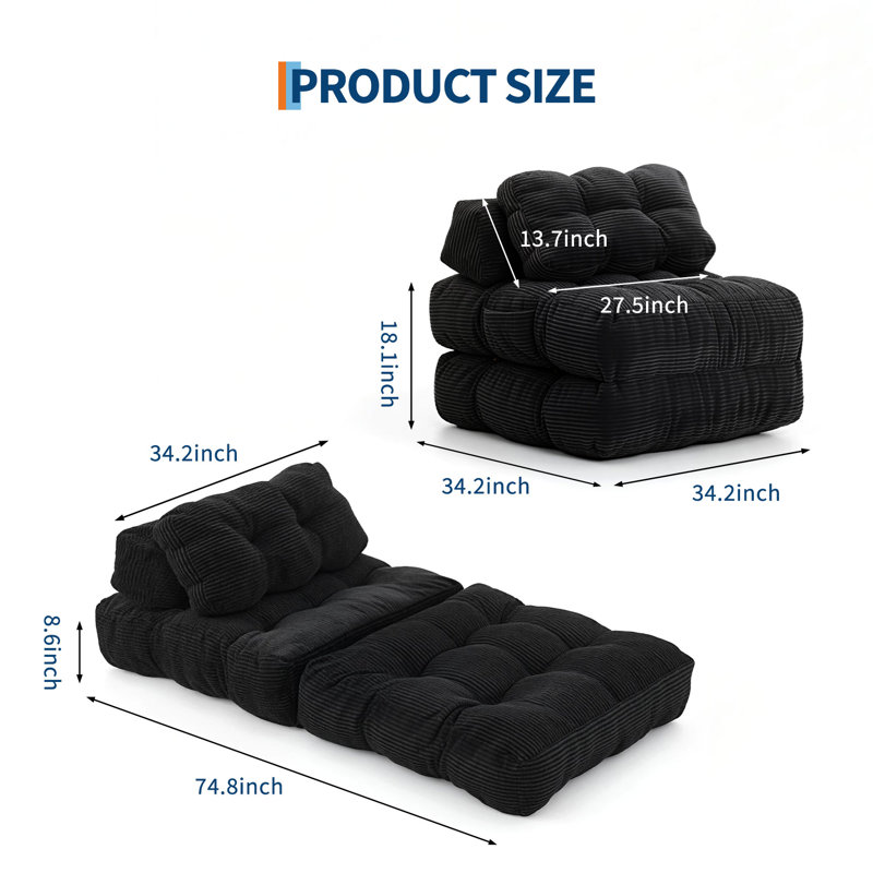 Canapé-lit convertible pliant avec matelas pliable, coussin, support pour le dos et poche latérale pour le salon et la chambre à coucher