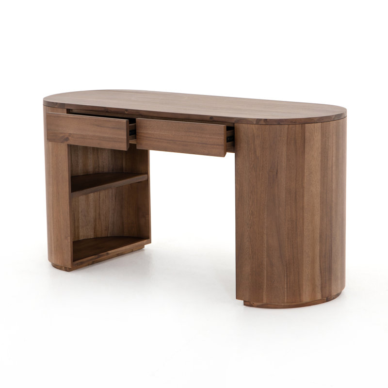 Caramel Brown Oval Wood Writing Desk with Drawers