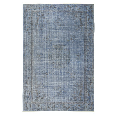 6.5x10 Ft Handmade Modern Rug Over-Dyed in Blue with Art Deco Chinese Design